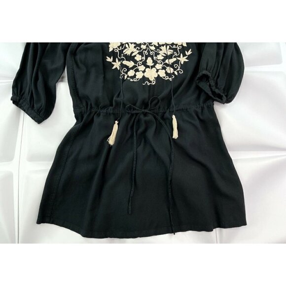 Lucky Brand Sz XS Black Floral Embroidered Tassel Drawstring Tunic Dress Peasant - Picture 4 of 11